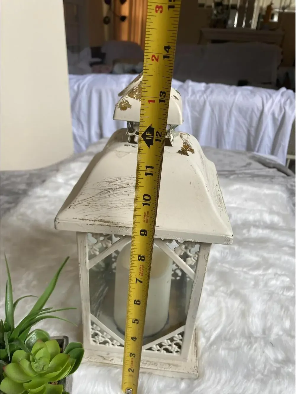 Vintage White Metal Lantern with LED Candle
